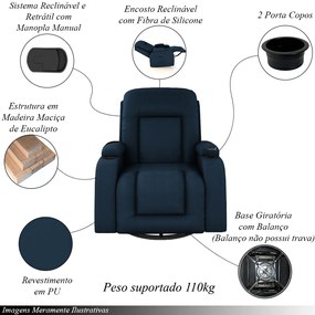 Poltrona do Papai Reclinável Giratória e Balanço Sala de Cinema Crihs Manual Glider PU Azul G23 - Gran Belo