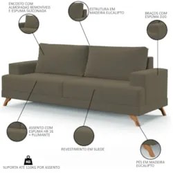 Sofá 3 Lugares 200cm Living Pés Curvos Santi D05 Suede Marrom - Mpozen