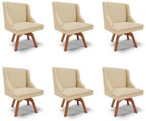 Kit 6 Cadeiras Decorativas Sala de Jantar Base Giratória de Madeira Firenze Veludo OffWhite Luxo/Natural G19 - Gran Belo