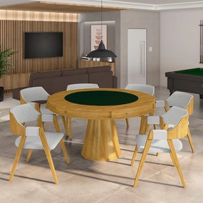 Conjunto Mesa de Jogos Carteado Bellagio Tampo Reversível Verde e 6 Cadeiras Madeira Poker Base Cone Linho Cinza/Mel G42 - Gran Belo