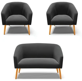 Namoradeira e 2 Poltronas Pé Palito Castanho Stella Suede Preto D03 - D'Rossi