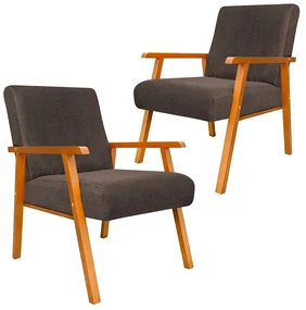 Kit 2 Poltronas Decorativas Alexa Braça de Madeira Linho Marrom - Sheep Estofados