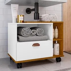 Gabinete de Banheiro com Rodízios Japão B02 Branco/Naturalle - Mpozena