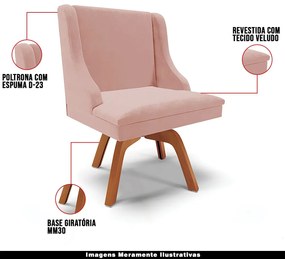 Kit 4 Cadeiras Decorativas Sala de Jantar Base Giratória de Madeira Firenze Veludo Rosê/Natural G19 - Gran Belo