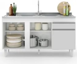 Balcão Gabinete com Pia Inox 150cm 3 Portas 1 Gaveta Dakota Branco - L