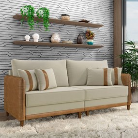 Sofá Living Montecarlo 2 Lugares Bipartido 212cm Pés em Madeira Veludo/PU Bege/Caramelo G33 - Gran Belo