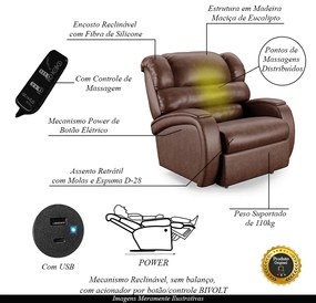Poltrona do Papai Sala de Cinema Reclinável Kylie Power Touch Massagem USB PU Marrom Brilho G23