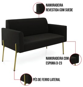 Sofá Namoradeira 2 Lugares Pé de Ferro Dourado Marisa Suede Preto D03 - D'Rossi