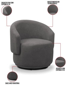 Poltrona Decorativa Orgânica Giratória Névoa Bouclê Cinza Escuro E03 - D'Rossi
