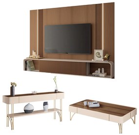 Conjunto Home c/LED Aparador e Mesa de Centro Empire/Vivant/Cadenza MDF/MDP Off White/Castanho G26 - HB Móveis