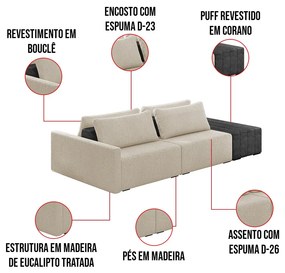 Sofá Ilha 2 Lugares Living 272cm Modulado Sala Lary Bouclê/PU Pto K01 - D'Rossi - Bege