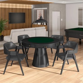 Conjunto Mesa de Jogos Carteado Bellagio Tampo Reversível e 4 Cadeiras Madeira Poker Base Cone PU Grafite/Preto G42 - Gran Belo