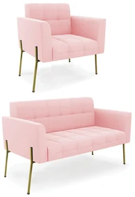 Sofá Namoradeira e Poltrona Pé de Ferro Dourado Elisa Suede D03 - D'Rossi - Rosa Bebê