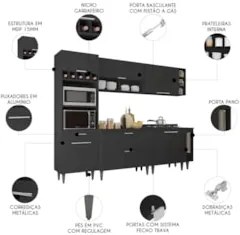 Armário de Cozinha Com Tampo CP07 260cm Pérola Preto Z34      - Mpozen