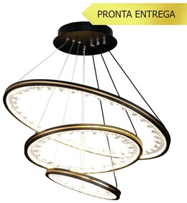 Pendente Opala Redondo 03 Aros Ø60 + Ø40 + Ø20Cm Led 50W 3000K Bivolt... (Preto)