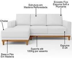 Sofá 200cm 3 Lugares Com Chaise Direito Kayrós D05 Couríssimo Branco -