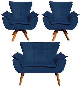 Sofá Namoradeira e 2 Poltronas Giratória MM30 Opala Suede D03 - D'Rossi - Azul Marinho