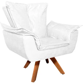 Poltrona Decorativa Base Giratória em Madeira Charger PU Branco G19 - Gran Belo