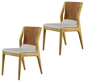 Kit 2 Cadeiras Decorativas Sala de Jantar Madeira Maciça Bruyne PU Sintético/Linho Marrom/Bege G13 - Gran Belo