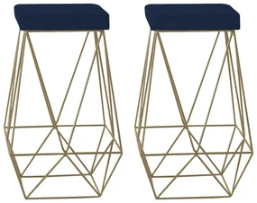 Kit 2 Banqueta Decorativa Kathy Base Gold Veludo Azul G41 - Gran Belo