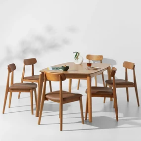 Conjunto Mesa de Jantar Lalá Retangular Carvalho Americano - 1,80mx1m + 6 Cadeiras Nord PU - Cognac