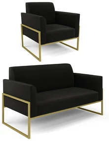 Sofá Namoradeira com Poltrona Base Industrial Alta Dourado Marisa Veludo D03 - D'Rossi - Preto