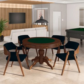 Conjunto Mesa de Jogos Carteado Bellagio Tampo Reversível e 4 Cadeiras Madeira Poker Base Estrela Veludo Azul Marinho/Imbuia G42 - Gran Belo
