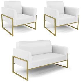 Sofá Namoradeira com 2 Poltronas Base Industrial Alta Dourado Marisa Corino D03 - D'Rossi - Branco