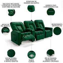 Poltrona Reclinável Para Cinema 3 Lugares Praddo FH9 PU Verde - Mpozen