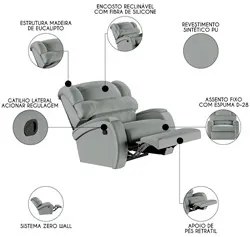 Poltrona do Papai Reclinável Kalie Manual Gatilho FH9 PU Cinza - Mpoze