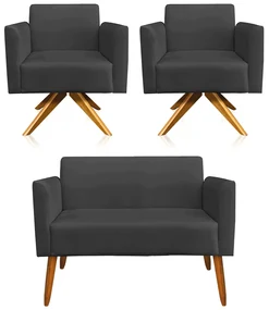 Kit 01 Namoradeira 02 Lugares e 02 Poltronas Marisa Suede Preto Base Giratória Madeira MA30 D'Rossi