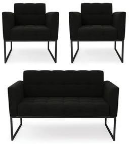 Kit 1 Sofá Namoradeira e 2 Poltronas Elisa Suede Base Metálica Industrial Preto - D'Rossi - Preto