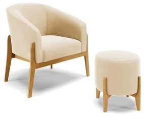 Poltrona com Puff Base de Madeira Stella Suede D03 - D'Rossi - Bege