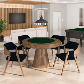 Conjunto Mesa de Jogos Carteado Bellagio Tampo Reversível e 4 Cadeiras Madeira Poker Base Cone Veludo Azul Marinho/Nogueira G42 - Gran Belo