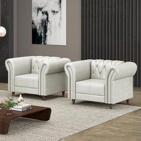 Kit 2 Poltronas Decorativas Sala de Estar Stanford Chesterfield Pés de Madeira Couro Branco Manchado G58 - Gran Belo