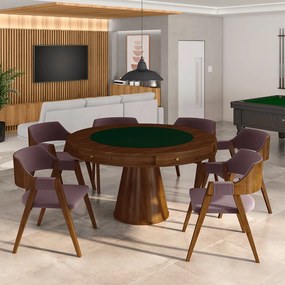 Conjunto Mesa de Jogos Carteado Bellagio Tampo Reversível e 6 Cadeiras Madeira Poker Base Cone Veludo Rosê/Imbuia G42 - Gran Belo