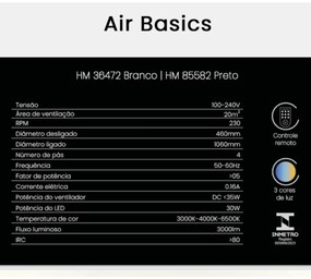 Ventilador De Teto Air Basic Preto Pás Retrátil Led 30W Multicolor Biv...