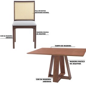 Conjunto Mesa Sala de Jantar Shell 160x90cm com 6 Cadeiras Madeira Maciça Steve Tela Rattan Sextavano Linho Cinza/Amêndoa G55 - Gran Belo G55 - Gran B