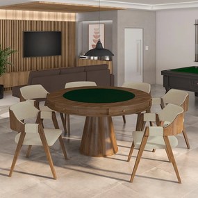 Conjunto Mesa de Jogos Carteado Bellagio Tampo Reversível Verde e 6 Cadeiras Madeira Poker Base Cone Linho OffWhite/Nogueira G42 - Gran Belo
