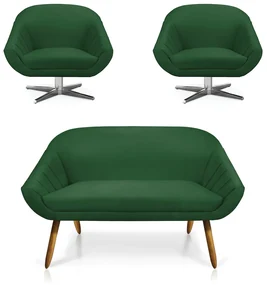 Kit 01 Namoradeira 02 Lugares e 02 Poltronas Giratória Giovana Suede Base Cromada - D'Rossi - Verde