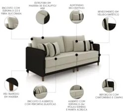 Sofá 3 Lugares Living 192cm Zoe Z08 Veludo Bege/Preto - Mpozenato