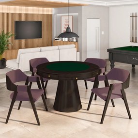 Conjunto Mesa de Jogos Carteado Bellagio Tampo Reversível e 4 Cadeiras Madeira Poker Base Cone Veludo Rosê/ Capuccino G42 - Gran Belo