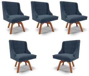 Kit 5 Cadeiras Decorativas Sala de Jantar Base Giratória de Madeira Firenze Suede Azul Marinho/Natural G19 - Gran Belo