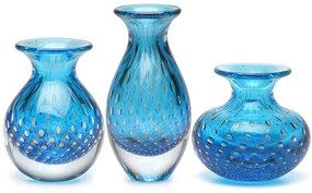 Trio de Vasos Mini Tela Água-marinha com Ouro Murano Cristais Cadoro