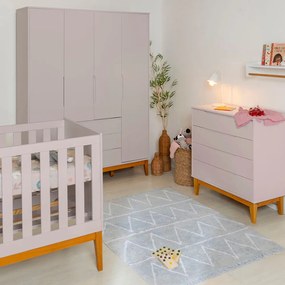 Kit Quarto Infantil com Pés Square Mel - Cômoda Elfe 4 Gavetas + Guarda-Roupa Elfe + Berço Mini Cama Noah - Rosa Fosco