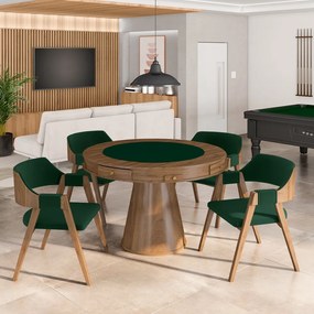 Conjunto Mesa de Jogos Carteado Bellagio Tampo Reversível e 4 Cadeiras Madeira Poker Base Cone Veludo Verde/Nogueira G42 - Gran Belo