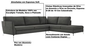 Sofá de Canto Chaise Direito 307 cm Olívia Suede Grafite G52 - Gran Belo