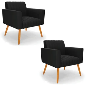Kit 2 Poltronas Viena Gomada Suede Preto Pés Palito Castanho - D'Rossi