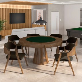 Conjunto Mesa de Jogos Carteado Bellagio Tampo Reversível e 6 Cadeiras Madeira Poker Base Cone Veludo Marrom/Nogueira G42 - Gran Belo