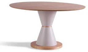 Mesa de Jantar Lumina Redonda Tampo Lâmina de Madeira Tingida Base Pintura Laca Fosca Base Inferior Laminada Detalhe Metalizado